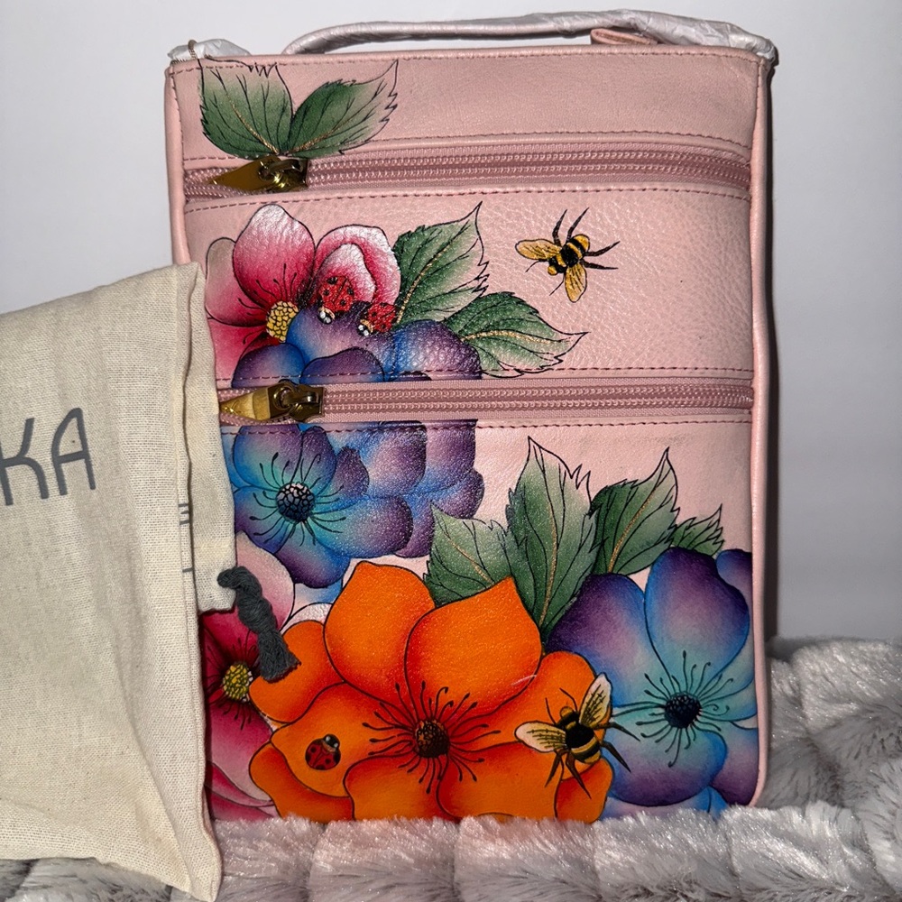 Anuschka Pink Leather Zipper Front Crossbody Bag with RFID NWT